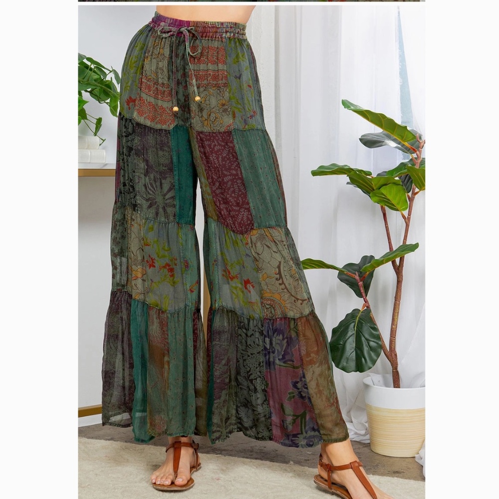 Young Threads Bohemian Patchwork Wide Leg Pants Green Multi Sz S Coastal Cowgirl